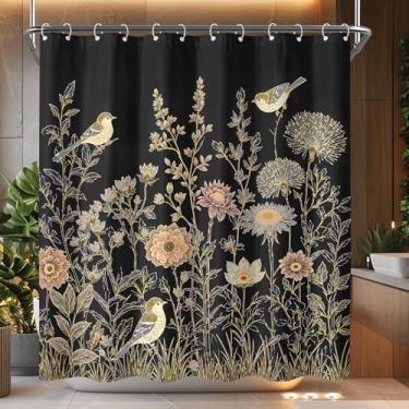 Imagem de Kanuyee Elegante conjunto de cortina de chuveiro floral de pássaros, decoração de banheiro repelente à água com ganchos de plástico, decoração de casa de conto de jardim 182 x 182 cm.