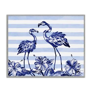 Imagem de Stupell Industries Flamingos índigo sobre listras cinza emoldurado, arte giclée, design por Paul Brent, 40 x 50 cm