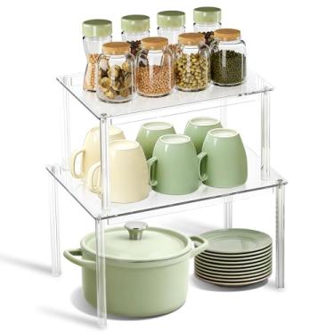 Imagem de BOMOKS Organizador de armário de cozinha transparente, conjunto de 2 suportes empilháveis para temperos, prateleiras de acrílico para organizadores e armazenamento de despensa, organização de