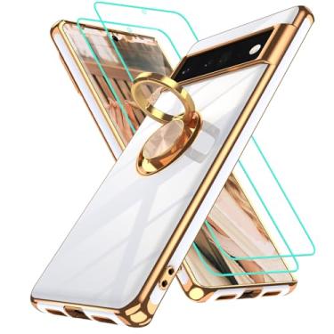 Imagem de Gritup Capa para Google Pixel 6 Pro com 2 peças de protetor de tela | Suporte magnético de rotação de 360° | Revestimento dourado macio TPU protetor básico para Pixel 6 Pro branco