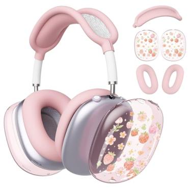 Imagem de BlHMCASE Capa de fone de ouvido para AirPods Max, capas fofas kawaii de flores de morango, capa de silicone rosa para fones de ouvido para Apple AirPods Max