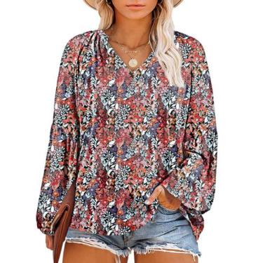 Imagem de Blusa Eytino Plus Size com decote em V, manga comprida, boho, estampa 