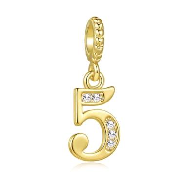 Imagem de MiiFort Lucky Number 5 Five 5th Charm serve para pulseiras Pandora berloques de aniversário, presentes para mulheres, tom dourado, zircônia cúbica cristalina