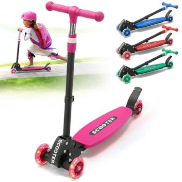 Imagem de Scooter infantil com 3 rodas iluminadas por LED, design resistente dobrável, guidão ajustável de 3 alturas, inclinado para dirigir, plataforma antiderrapante larga – para meninos e meninas de 3 a 8