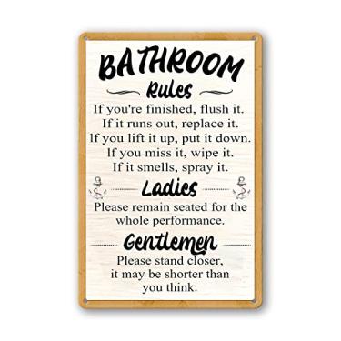 Imagem de Placa de metal engraçada para banheiro com regras de banheiro, placa de estanho, por favor, desligue o sinal de vaso sanitário para porta, fique mais perto do que você pensa placas placas de convidado banheiro amarelo decoração de parede sinal de aviso de humor adulto decoração de casa 30 x 20 centí