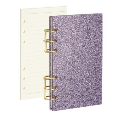 Imagem de PATIKIL Capa para caderno com 6 anéis, fichário acrílico com glitter A6, 2 anéis redondos de metal dourado com 90 folhas forradas, papéis internos para planejamento de viagem e escritório, roxo
