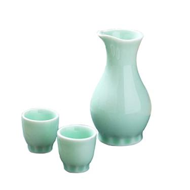 Imagem de JOEUQK Conjunto de 3 peças de saquê, conjunto de copos de saquê de cerâmica retrô tradicional, design elegante, melhor presente para família e amigos, com 1 pote de saquê e 2 xícaras de saquê