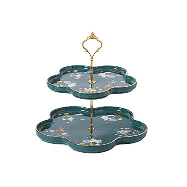 Imagem de Suporte de bolo, exibição de placa de bolo, giratório, suporte de frutas para bolo, mesa de sobremesa de cerâmica com alça de metal para exibição de mesa de sobremesa (rosa) (verde)