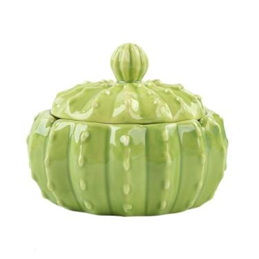 Imagem de Cinzeiro de cerâmica com tampa, design de cacto, à prova de vento, suporte para cinzeiro de charuto, decoração artística de mesa para ambientes internos e externos (verde)
