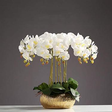 Imagem de DCYEQRQ Flor artificial em vaso orquídea borboleta arranjo de flores artificiais com vaso dourado, flores de toque real de poliuretano falso Phalaenopsis Bonsai para festa de casamento, casa centerpie