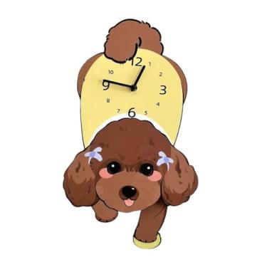 Imagem de IEUDNS Relógio de parede em formato de cachorro adorável, enfeite de relógio pendurado, decoração portátil, baixo ruído, com pêndulo para quarto de hotel, Marrom