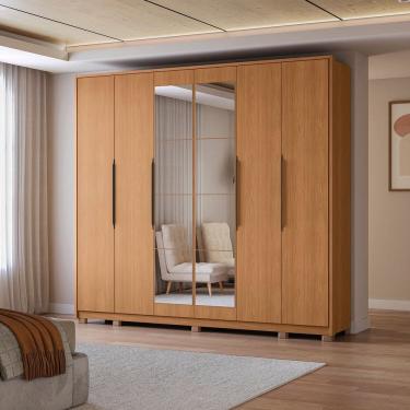 Imagem de Guarda-roupa 6 Portas e 4 Gavetas com Espelhos e Pés Dormitorio Open Canela
