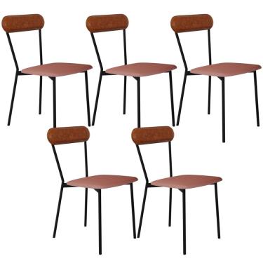Imagem de Kit 05 Cadeiras Estofada Para Sala de Jantar Liora Preto C01 Linho Rosê Courino Caramelo - Lyam Decor