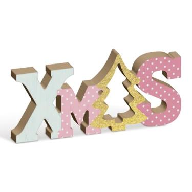 Imagem de Putuo Decor Placa de Natal Independente Natal Letras de Natal Decoração de Mesa Estilo Rústico Desenhos Animados Sinais de Feliz Natal para Interior Casa Mesa Decoração de Cornija 20 x 9,9 cm (Branco