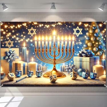 Imagem de BlissYard Faixa de Hanukkah para parede 188 x 109 cm Decorações de Hanukkah feliz grande com Menorah Dreidels Estrela de Davi para decoração de festa de festival judaico para ambientes internos e