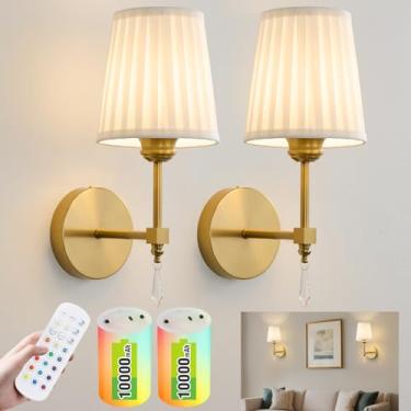 Imagem de Conjunto de 2 arandelas de parede operadas por bateria, 10.000 Mah arandelas de parede recarregáveis reguláveis 12 RGBS, arandelas remotas sem fio, arandelas douradas, conjunto de 2 tecidos, lâmpada