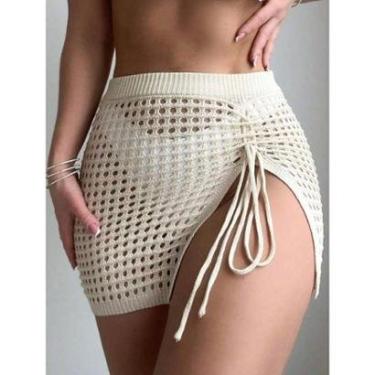 Imagem de Saia curta de praia cós alto ajustável cordão furos moda tricot verão-Feminino