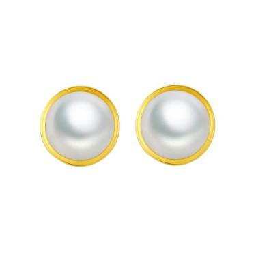 Imagem de Efashion brincos redondos simples de ouro 14K banhados a prata esterlina 925 com pérolas para meninas, Small, Ouro amarelo, Pérola