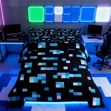 Imagem de Castle Fairy Conjunto de edredom quadrado azul mineiro, tamanho casal, 3 peças, para decoração de quarto de crianças, adolescentes e mulheres, conjunto de edredom acolchoado, estilo pixelado, 2