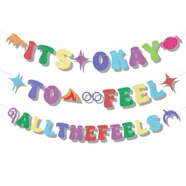 Imagem de Faixa It's Okay to Feel All the Feels, pré-corda colorida dentro de decorações de festa de aniversário, faixa com tema de sentimentos fofos, pendurada para lareira e decoração de parede