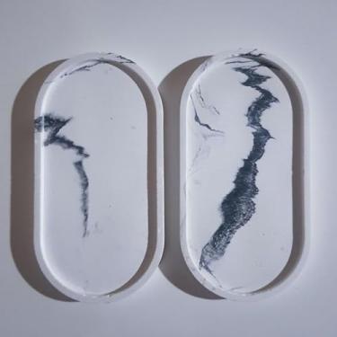 Imagem de Kit Bandeja Decorativa Oval Granilite Marmorizada Multiuso Porta Jóias Velas e Acessórios Bandeja Organizadora em Concreto Impermeável para Banheiro e Escritório (Kit 2 Mármore black)