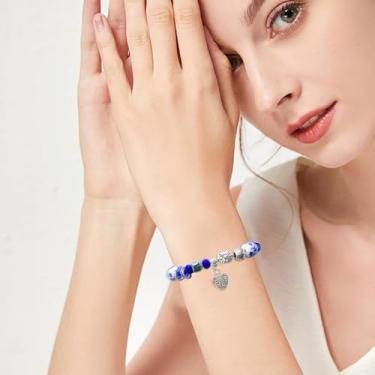 Imagem de 1 pulseira elástica de contas de cerâmica de flores estilo vintage pulseira de contas de porcelana azul e branca com 1 bolsa de veludo com cordão, Medium, Cerâmica Liga de aço, Sem Pedra Preciosa