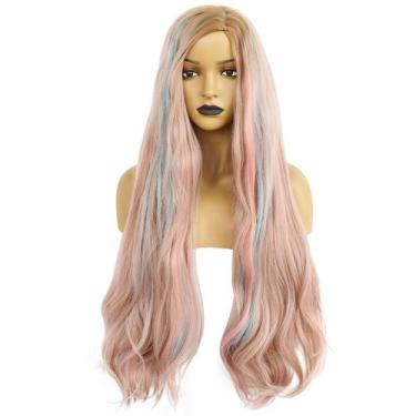 Imagem de Peruca sintética longa ondulada rosa 76cm com destaques de cor - yiwei