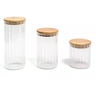 Imagem de Pote 1100ml De Vidro Canelado Com Tampa De Bambu -oikos