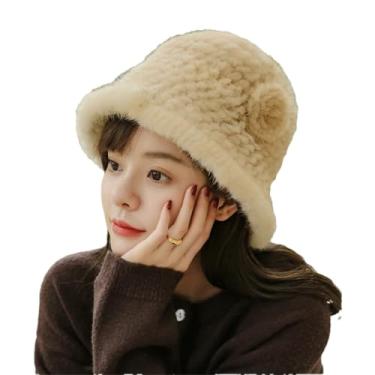 Imagem de Chapéu feminino de pele de inverno feminino doce bacia mujer moda urbana flores tricotadas chapéu de pescador bege tamanho único