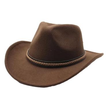 Imagem de Chapéu de cowboy masculino de aba enrolável com chapéu de caubói cavalheiro de couro boné de igreja sombrero marrom 56-58 cm