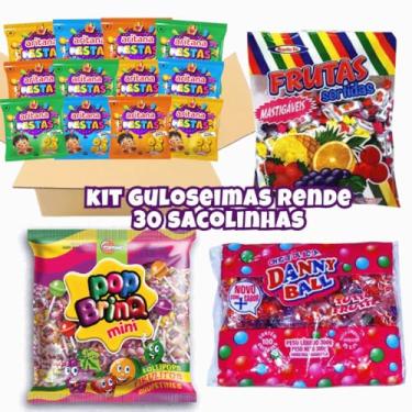 Imagem de Kit 4 Guloseimas Rende 20/30/40/50/60/100 Sacolinhas Lembrancinhas Aniversário Infantil Salgadinho Bala Pirulito Chiclete (Rende 30 sacolinhas, Salgado)