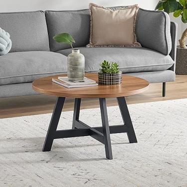 Imagem de Mesa de centro – Mesa redonda moderna industrial com tampo de madeira e base de metal – Móveis para sala de estar, apartamento ou dormitório da Lavish Home (nogueira)