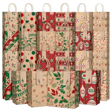 Imagem de Tinlade 24 peças de sacos de presente de Natal Kraft com etiquetas de presente, 15 x 21 x 8 cm, sacos de doces com alças, lembrancinhas de festa de Natal (estilo clássico)