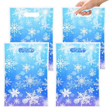 Imagem de DUYIY Sacos de presente de floco de neve de Natal com alças, 24 x 16,5 cm, 60 peças de plástico azul para presentes de festa de aniversário, casamento, embalagem de presente temática de inverno a