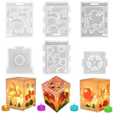 Imagem de Moldes de resina de lanterna de Natal, 6 peças de moldes de resina de silicone com formato de alce de Papai Noel, forma de floco de neve, suporte de vela de vela de cubo para artesanato de decoração