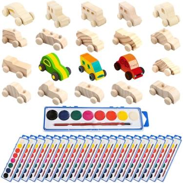 Imagem de Feradny 40 peças de carros de madeira inacabados incluem 20 brinquedos de madeira DIY para carro, pintura de artesanato de carro de madeira com 20 tintas em aquarela para o dia dos namorados, escola