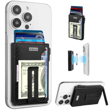 Imagem de Aibirui Carteira Fina Masculina Minimalista com Suporte para 8 Cartões com Clipe de Dinheiro Fibra de Carbono Bolso Frontal Pop Up Suporte para iPhone 16/15/14/13/12 Series, Preta