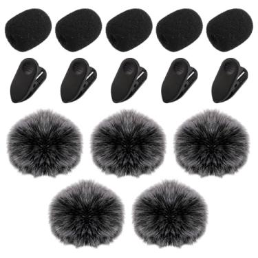 Imagem de 15 peças de para-brisas de microfone de lapela, 5 pára-brisas peludos, 5 capas de espuma e 5 clipes de microfone Lav Lavalier Acessórios para microfone para diminuir o ruído do vento