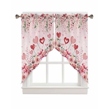 Imagem de Cortinas de cozinha rosa para janelas Dia dos Namorados rosa amor coração swag cortinas de cozinha folhas de eucalipto rosa janela saia cortinas 2 painéis topper cortinas para cozinha, sala de estar