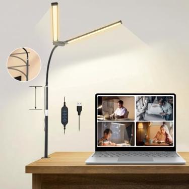 Imagem de VentoEco Luminária de Mesa, Iluminaria de Mesa Dupla com 2 Braços Ajustáveis 360°, Luminaria Mesa LED 3000K-6500K e 10 Níveis de Brilho, Luz de Mesa Regulável 63-82cm para Computador