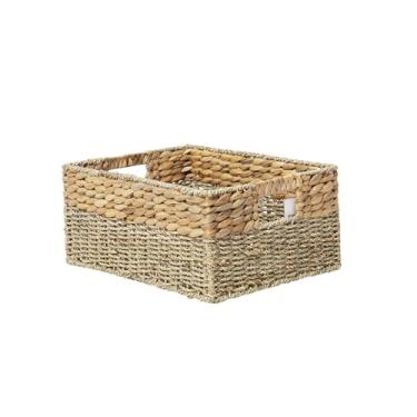 Imagem de YAHUAN Cestas de armazenamento de tecido natural de jacinto de água e algas marinhas – Cestos organizadores de cesta de armazenamento de vime com alças para banheiro de casa e escritório, lavanderia