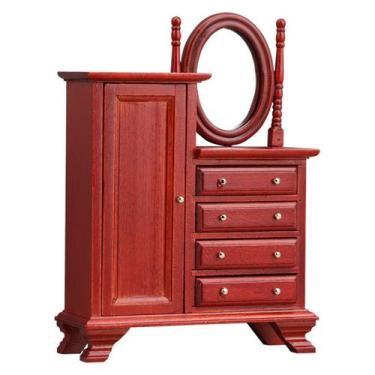 Imagem de Conjunto de toucador em miniatura Dollhouse de madeira vermelha com es
