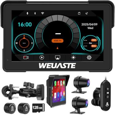 Imagem de Weuaste MT700 Pro 17.8 cm Wireless Motorcycle CarPlay e Android Auto Display, tela sensível ao toque de navegação GPS portátil para Moto com câmera de painel duplo, TPMS, Bluetooth, à prova d'água