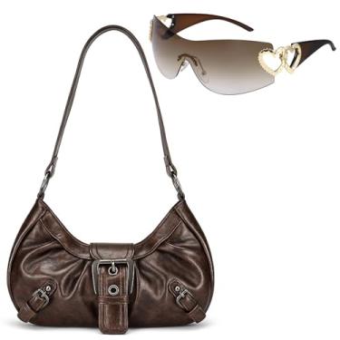 Imagem de Bolsa feminina Y2k vintage fivela Hobo bolsa de ombro punk couro PU bolsa clutch bolsa clutch bolsa Y2K conjunto de acessórios, Marrom, Bolsa Hobo Y2k
