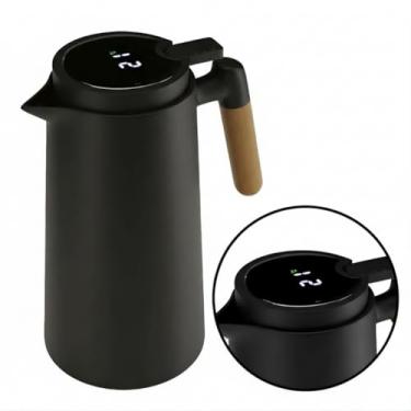 Imagem de Garrafa Térmica Preta Inteligente 1L Com Termômetro Led - Cabo De Madeira