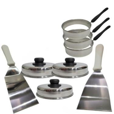 Imagem de Kit Lanchonete Bar Profissional 3 Abafador Alumínio 3 Modelador Fritar Ovos 2 Espátulas Aço Inox