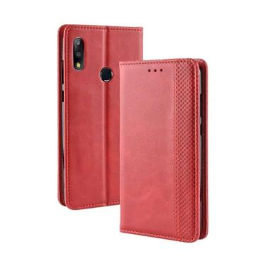 Imagem de Capa para ASUS Zenfone Max Plus M2 ZB634KL,Retro Flip magnético,Caso de telefone de couro PU,Design de carteira com 3 slots de cartão e 1 clipe de dinheiro -Red
