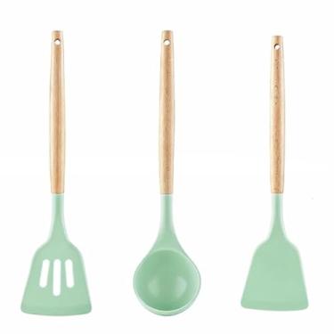 Imagem de Espátula de silicone com cabo de madeira, utensílios de cozinha antiaderentes grandes resistentes ao calor para cozinhar ovos e panquecas