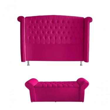 Imagem de Kit Realeza Cabeceira De Cama Box E Calçadeira Baú Casal 140 Cm Suede Rosa Pink Do Lar Móveis