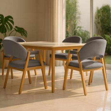 Imagem de Kit 4 Cadeiras de Jantar Noah com Braço Madeira Maciça Linho Estofada 